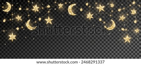 Ramadan or Al-Adha seamless decoration. Garland with hanging crescents and stars. Golden glitter ornaments. Muslim holidays border, frame. Transparent background can be removed in vector file. 