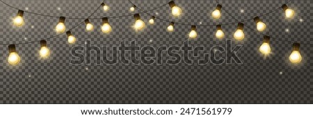 Light bulbs garland. Isolated holiday decoration, lamps frame. For Christmas, Ramadan, Al-Adha and Eid banners, wedding or birthday cards. Transparent background can be removed in vector format.