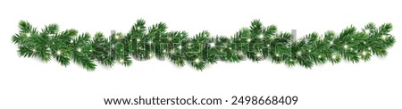 Christmas tree garland on transparent background. Realistic pine-tree branches with glowing sparkling Christmas lights decoration. Vector border for holiday banners, party posters, cards, headers.