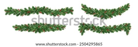 Christmas tree garlands on transparent background. Realistic pine-tree branches with holly berry and ribbons decoration. Vector border for holiday banners, party posters, cards, headers.