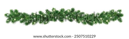 Christmas tree garland on transparent background. Realistic pine-tree branches with glowing sparkling Christmas lights decoration. Vector border for holiday banners, party posters, cards, headers.