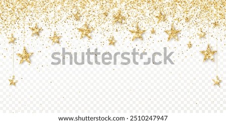 Holiday celebration background. Golden glitter stars decoration isolated.Confetti frame for Christmas, birthday, wedding invitations, party posters.Transparent background can be removed in vector file