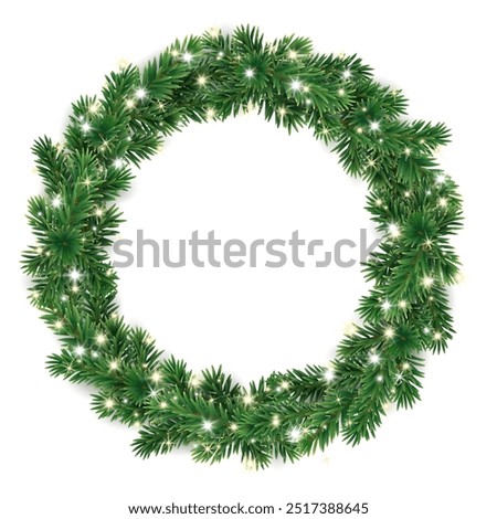 Christmas wreath with glowing Christmas lights. Christmas tree decoration. Holiday fir tree garland. Festive winter season frame, realistic spruce branches. Transparent background in vector file.