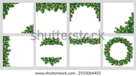 Christmas tree decoration. Holiday garland, festive corner, Christmas wreath. Frame, branch with Christmas lights. Square format for social media. Transparent background in vector file.