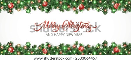 Christmas holiday background. Christmas tree frame. Red ornaments and colorful Christmas lights. Glitter decoration. Merry Christmas calligraphy. For winter holiday headers, banners, party posters.