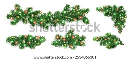 Christmas tree branches. Holiday fir tree divider decoration. Winter season borders, realistic spruce twigs with glowing Christmas lights. Transparent background in vector file.