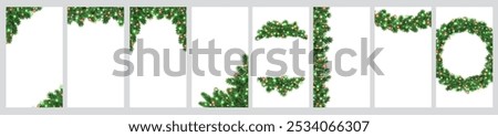 Christmas tree decoration. Holiday garland, festive corner, Christmas wreath. Frame, branch with Christmas lights. Vertical format for social media. Transparent background in vector file