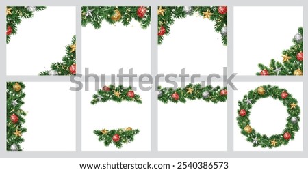 Christmas tree decoration. Holiday garland, festive corner, Christmas wreath. Frame, branch with Christmas glitter ornaments. Square format for social media. Transparent background in vector file.