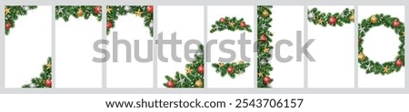 Christmas tree decoration. Holiday garland, festive corner, Christmas wreath. Frame, branch with Christmas glitter ornaments. Vertical format for social media. Transparent background in vector file.