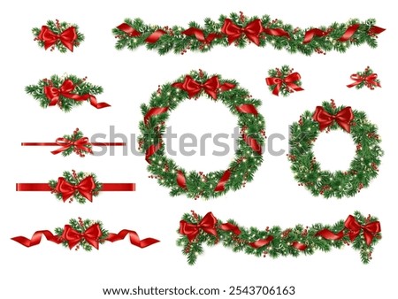 Christmas tree garland. Realistic pine tree branches with red bow and ribbons. Decoration for holiday banners, party posters, cards, headers, social media. Transparent background in vector file.