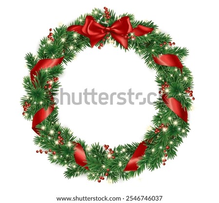 Christmas tree wreath. Realistic pine tree branches with red bow and ribbons. Decoration for holiday banners, party posters, cards, headers, social media. Transparent background in vector file.