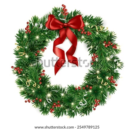 Christmas tree wreath. Realistic pine tree branches with red bow and ribbons. Decoration for holiday banners, party posters, cards, headers, social media. Transparent background in vector file.