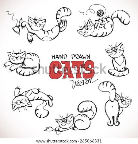 Sketch illustration of playful cats. Sleeping, sitting, looking back, playing