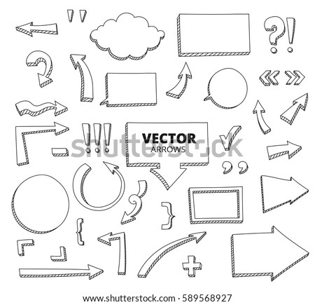 Set of hand drawn doodle arrows. Pen design elements isolated on white, vector illustration. 