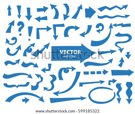 Set of cartoon arrows, blue color. Hand drawn design elements isolated on white, vector illustration. 