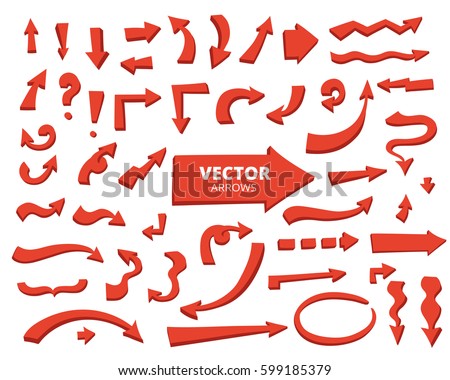 Set of red cartoon arrows. Hand drawn design elements isolated on white, vector illustration. 