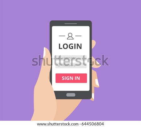 Hand holding smart phone with user login form page and sign in button. Username and password box. Member profile log in, mobile application flat design concept.