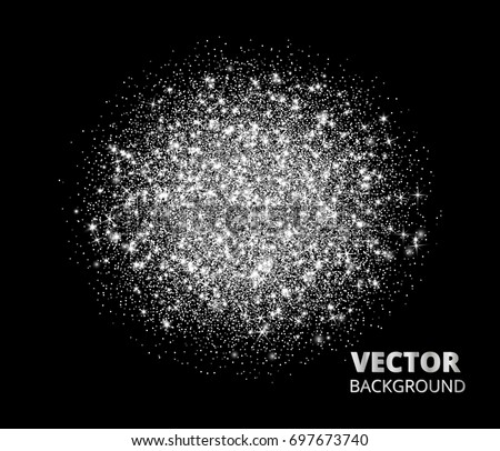 Sparkling background, silver glitter explosion. Vector dust, diamonds, snow on black. Great for valentine, christmas and birthday cards, wedding invitations, party posters.