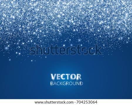 Falling glitter confetti, snow. Vector dust, explosion on blue background. Sparkling glitter border, frame. Great for wedding invitations, party posters, Christmas and birthday cards.