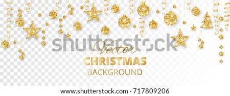 Banner with sparkling Christmas glitter ornaments isolated on transparent background. Golden fiesta border. Festive garland with hanging balls and ribbons. Great for New year party posters, headers.
