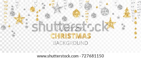 Sparkling Christmas glitter ornaments isolated on transparent background. Gold and silver fiesta border. Garland with hanging balls and ribbons. Great for New year party posters, website headers. Stock foto © 