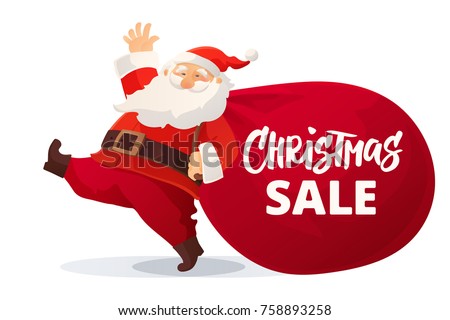 Christmas advertising design. Funny cartoon Santa Claus with huge red bag with presents. Christmas sale hand drawn text. Great for New Year promotion banners, headers, posters, stickers and labels.