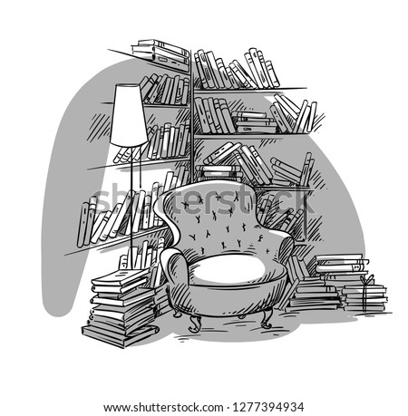 Reading nook, cozy room with bookshelves, vector illustration