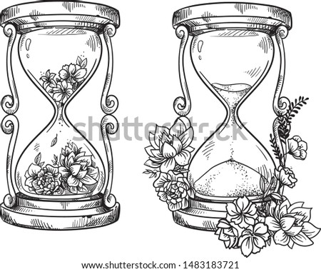 Set of 2 vintage sand  hourglasses with flowers vector  drawing 