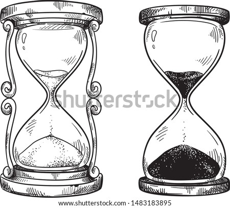 Set of 2 vintage hourglasses vector black and white drawing 