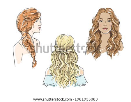 
Set of different female hairstyles with long hair  vector illustration