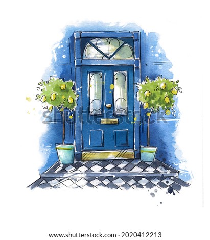 British traditional home entrance door , watercolor painting 