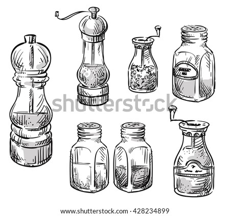 Salt and pepper shakers. Spice containers. Set of vector hand drawn illustrations