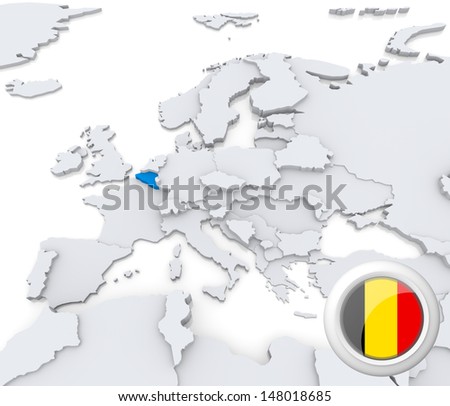 Highlighted Belgium on map of europe with national flag
