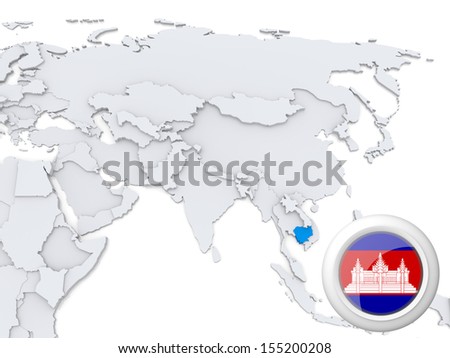 Highlighted Cambodia on map of Asia with national flag