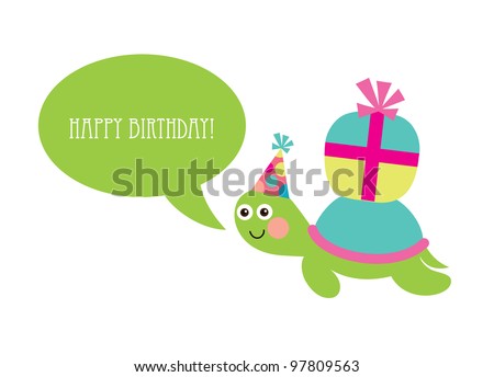 Cute Happy Birthday Card With Fun Turtle. Vector Illustration ...