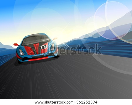 Speeding Race Car, coming forward on road/ race track.  Background with mountains & sky.  Lens Flare & Motion Blur added.