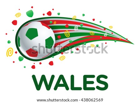 Football/ Soccer graphic showing football with motion/ speed lines with colors of Welsh Flag & WALES lettering