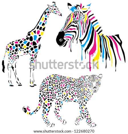 Wild animals vector set with giraffe, zebra and leopard in cmyk-concept style