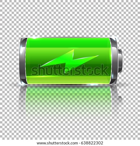 Vector Green battery, full charge. Glass reaalistic power battery illustration on transparent background.
