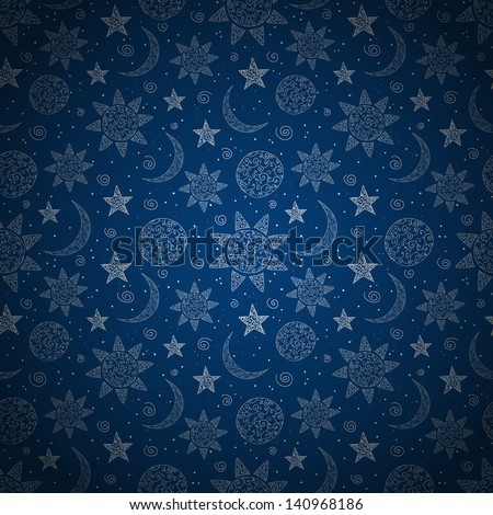 Blue seamless abstract hand-drawn pattern with the sun, the moon and stars. Vector illustration. Can be used for wallpaper, pattern fills, textile, web page background, surface textures.