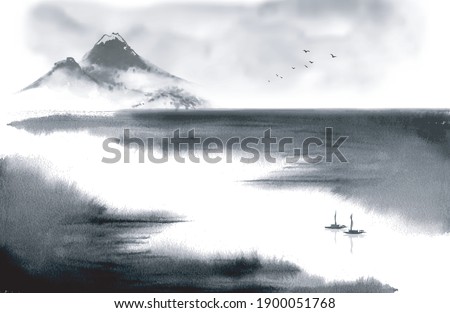 Minimalist ink wash painting landscape with mountains and fishing boats on big river. Traditional Japanese ink wash painting sumi-e