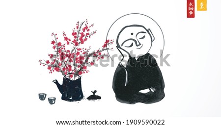 Ink painting of praying japanese boddhisattva Jizo and sakura blossom. Traditional Japanese ink wash painting of Buddha sumi-e. Translation of hieroglyphs - eternity, freedom, happiness, east.