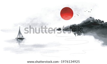 Oriental seascape with fishing sailboat, big red sun and rocky coast with trees. Traditional oriental ink painting sumi-e, u-sin, go-hua. 