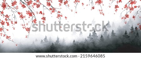 Sakura blossom and black misty forest. Traditional oriental ink painting sumi-e, u-sin, go-hua