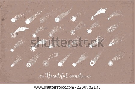 Collection of doodle comets, meteorites and shooting stars on brown parcel paper background. Vector sketch illustration