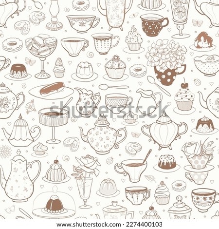 Seamless pattern with tea party in English style. Tea cups, teapots, bakery, flowers in warm colors. Can be used for wallpaper, pattern fills, textile, web page background, surface textures