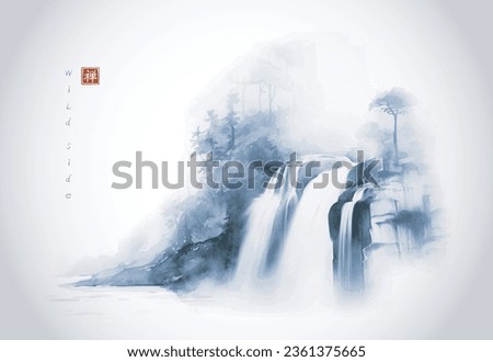 Blue misty landscape with a serene forest waterfall. Traditional oriental ink painting sumi-e, u-sin, go-hua. Translation of hieroglyph - well-being.