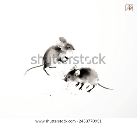 Ink wash painting of two mice. Traditional oriental ink painting sumi-e, u-sin, go-hua. Hieroglyph - joy.