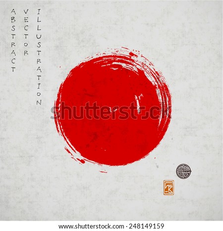 Big red grunge circle on old vintage background. Sealed with decorative stamps. Stylized symbol of Japan. Vector illustration.