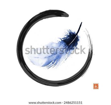 Ink painting of a blue feather in black enso zen circle on white. Traditional Japanese ink wash painting sumi-e. Hieroglyph - eternity.